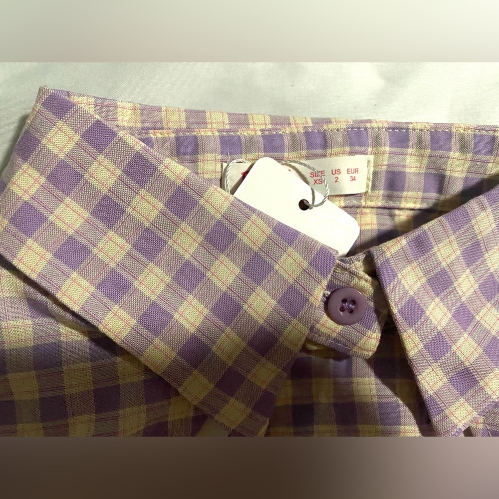 CROP TOP | Plaid Cut Out Button Funnel Spread Collar | Women’s Size 2 - Picture 3 of 11